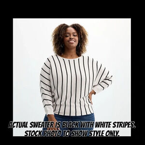 Chelsea & Theodore EUC black sweater with white stripes, 29” p2p, bat wing XL